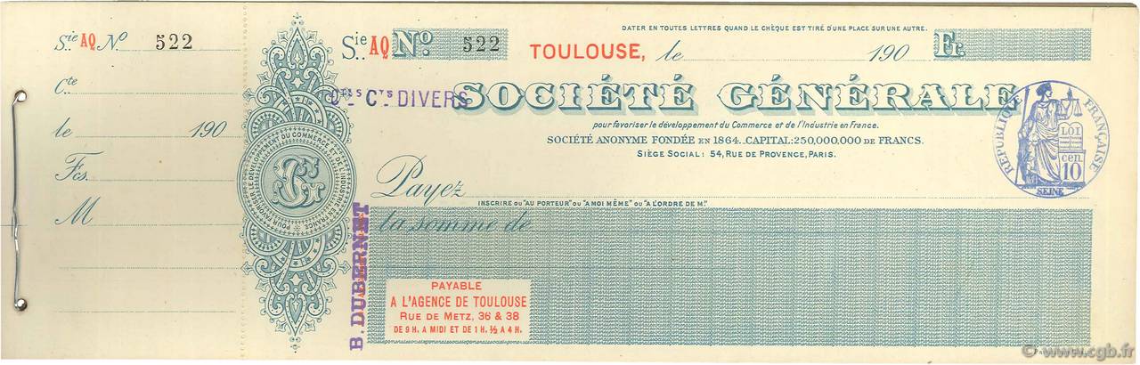 Francs FRANCE regionalism and various Toulouse 1900 DOC.Chèque XF