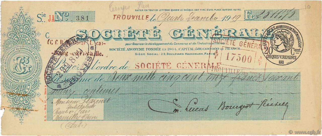 2511,75 Francs FRANCE régionalisme et divers Trouville 1919 DOC.Chèque TTB