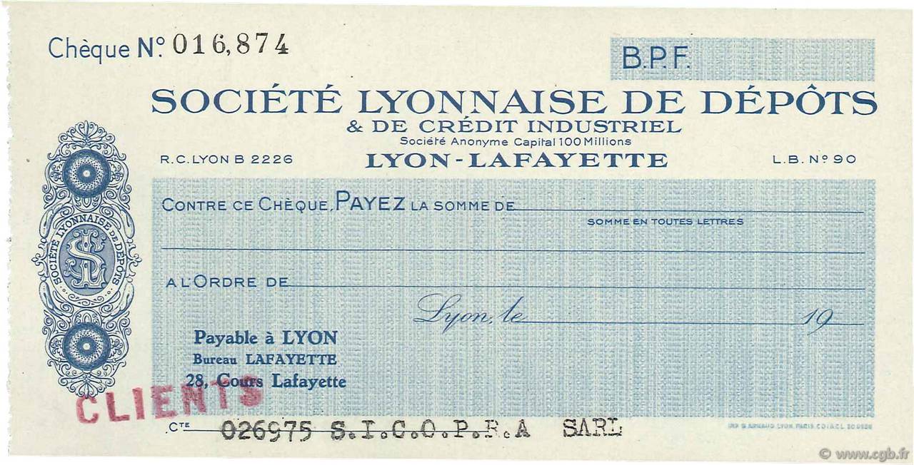 Francs FRANCE régionalisme et divers Lyon 1931 DOC.Chèque SPL