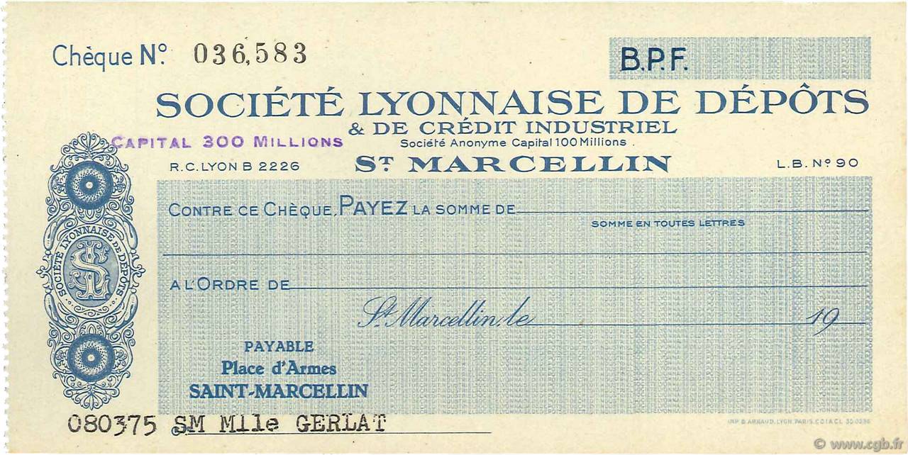 Francs FRANCE Regionalismus und verschiedenen Saint-Marcellin 1931 DOC.Chèque VZ
