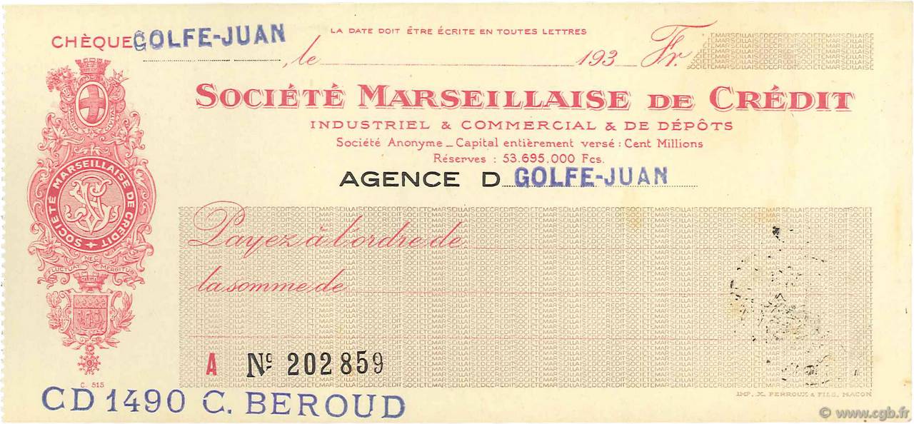 Francs FRANCE régionalisme et divers Golfe-Juan 1933 DOC.Chèque SUP