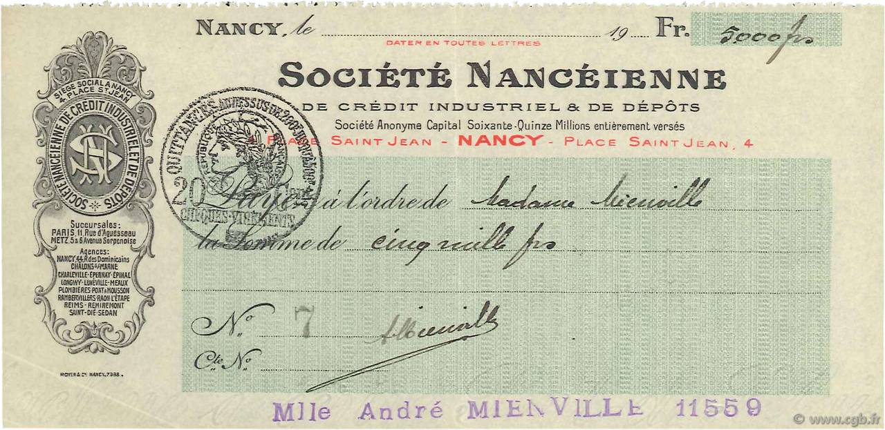5000 Francs FRANCE régionalisme et divers Nancy 1915 DOC.Chèque SUP