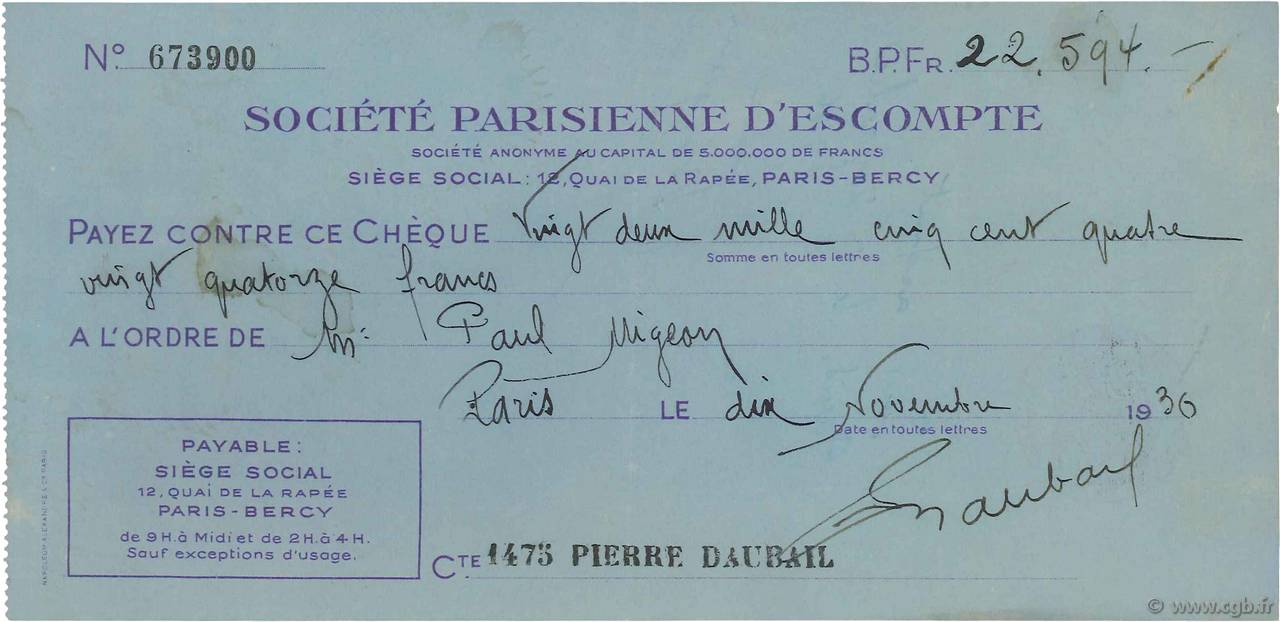 22594 Francs FRANCE regionalism and miscellaneous Paris 1936 DOC.Chèque VF