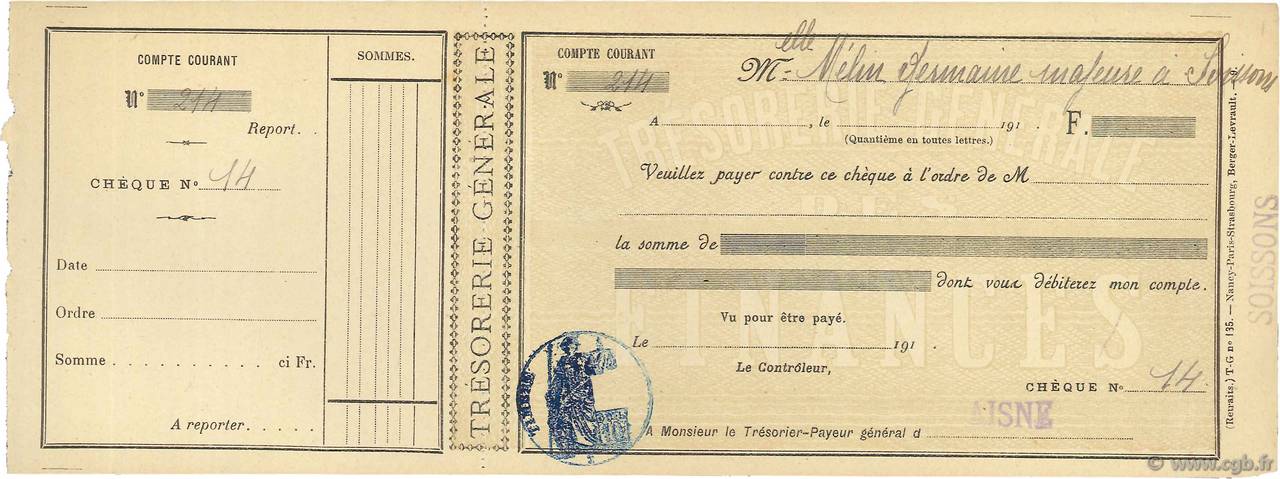Francs FRANCE Regionalismus und verschiedenen Soissons 1910 DOC.Chèque VZ