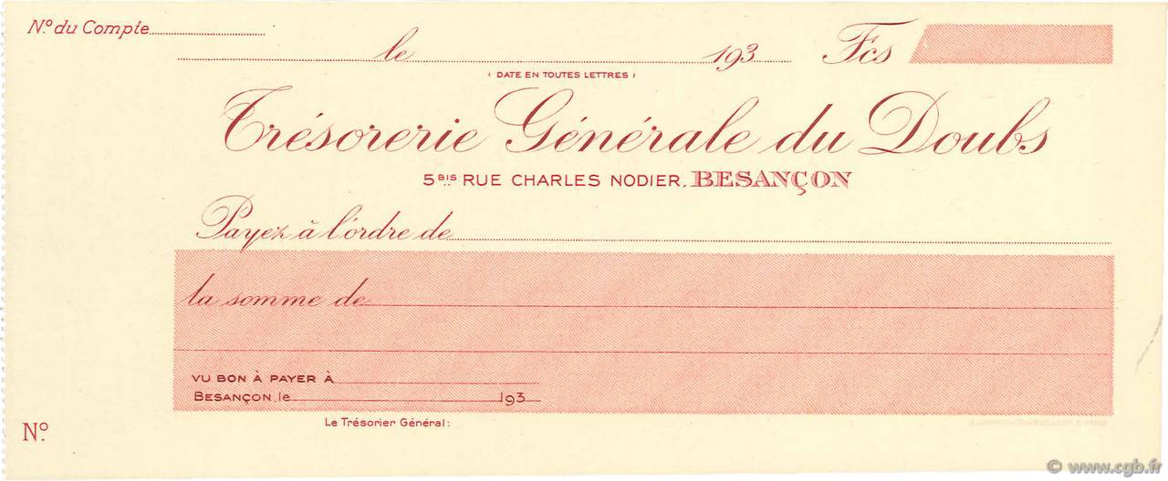 Francs FRANCE regionalism and miscellaneous Besançon 1930 DOC.Chèque AU