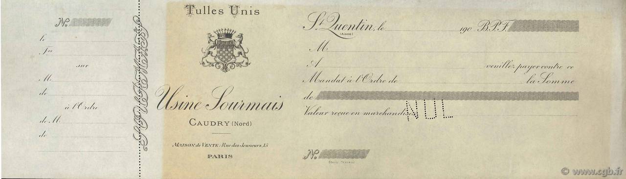 Francs Non émis FRANCE Regionalismus und verschiedenen Saint Quentin 1900 DOC.Mandat SS