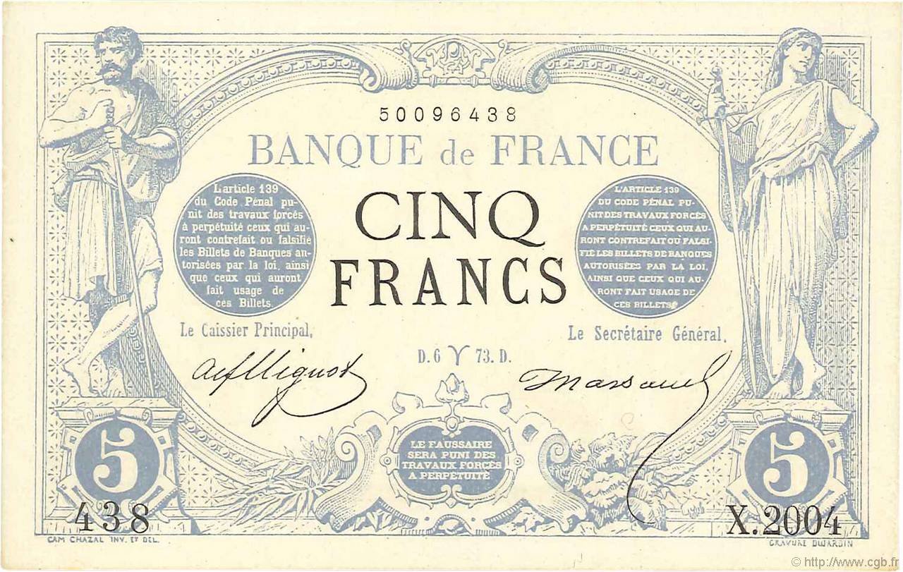5 Francs NOIR FRANCIA  1873 F.01.16 AU
