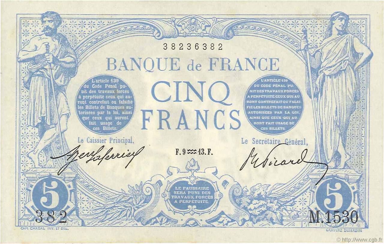 5 Francs BLEU FRANKREICH  1913 F.02.13 VZ to fST
