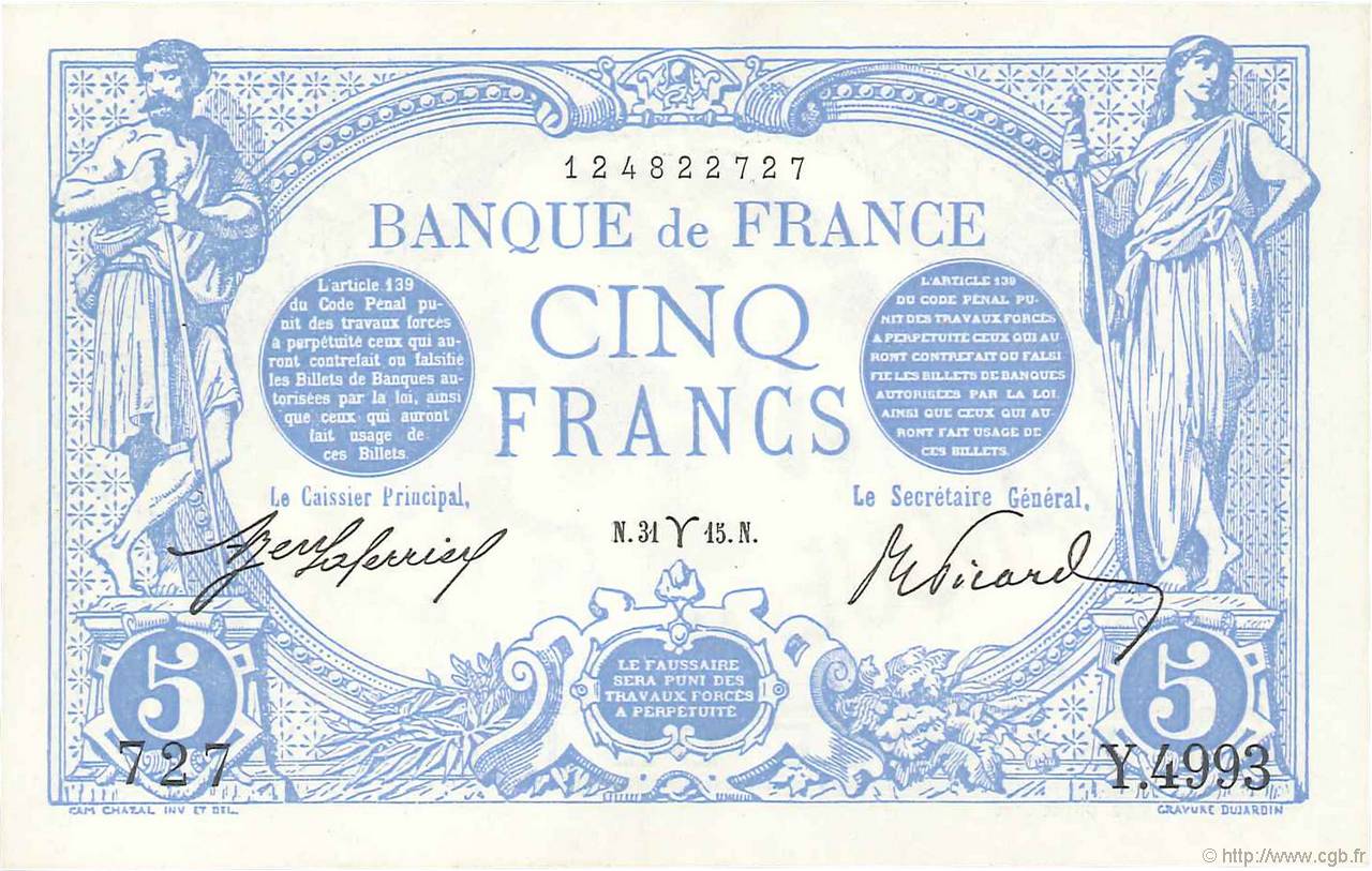5 Francs BLEU FRANCIA  1915 F.02.25 AU
