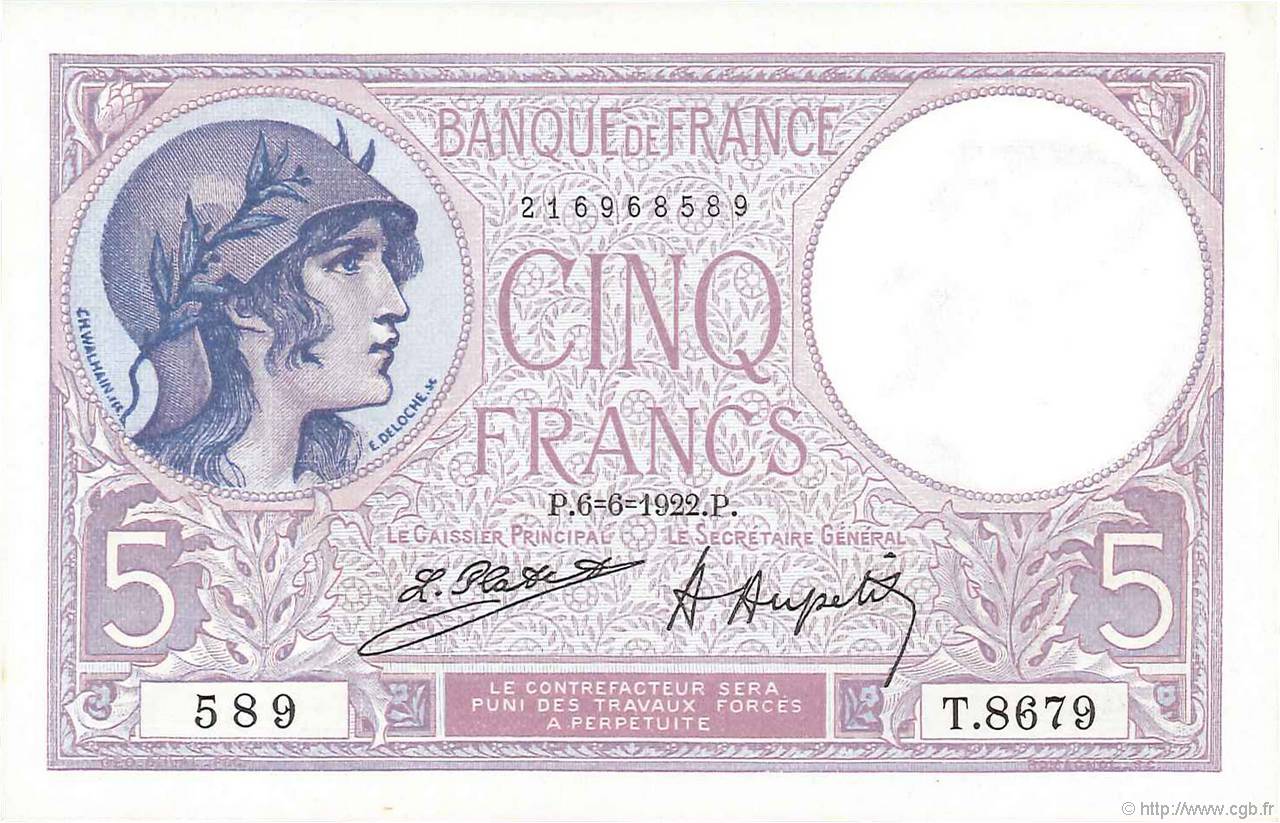 5 Francs FEMME CASQUÉE FRANKREICH  1922 F.03.06 fST+
