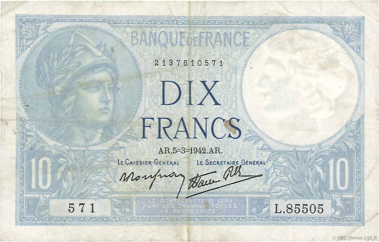 10 Francs MINERVE modifié FRANCIA  1942 F.07.31 BC