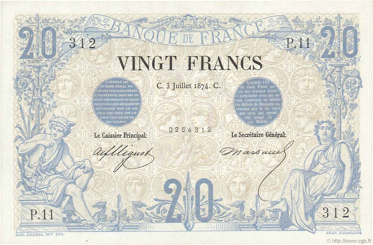 20 Francs NOIR FRANCE  1874 F.09.01 UNC-