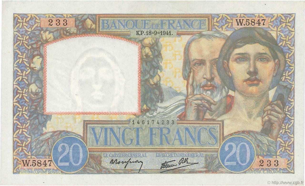 20 Francs TRAVAIL ET SCIENCE FRANKREICH  1941 F.12.18 fST