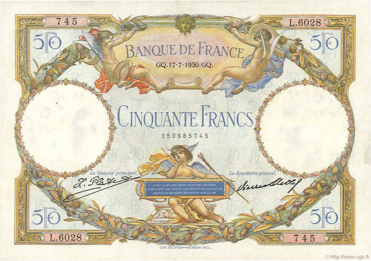 50 Francs LUC OLIVIER MERSON FRANCE  1930 F.15.04 XF-