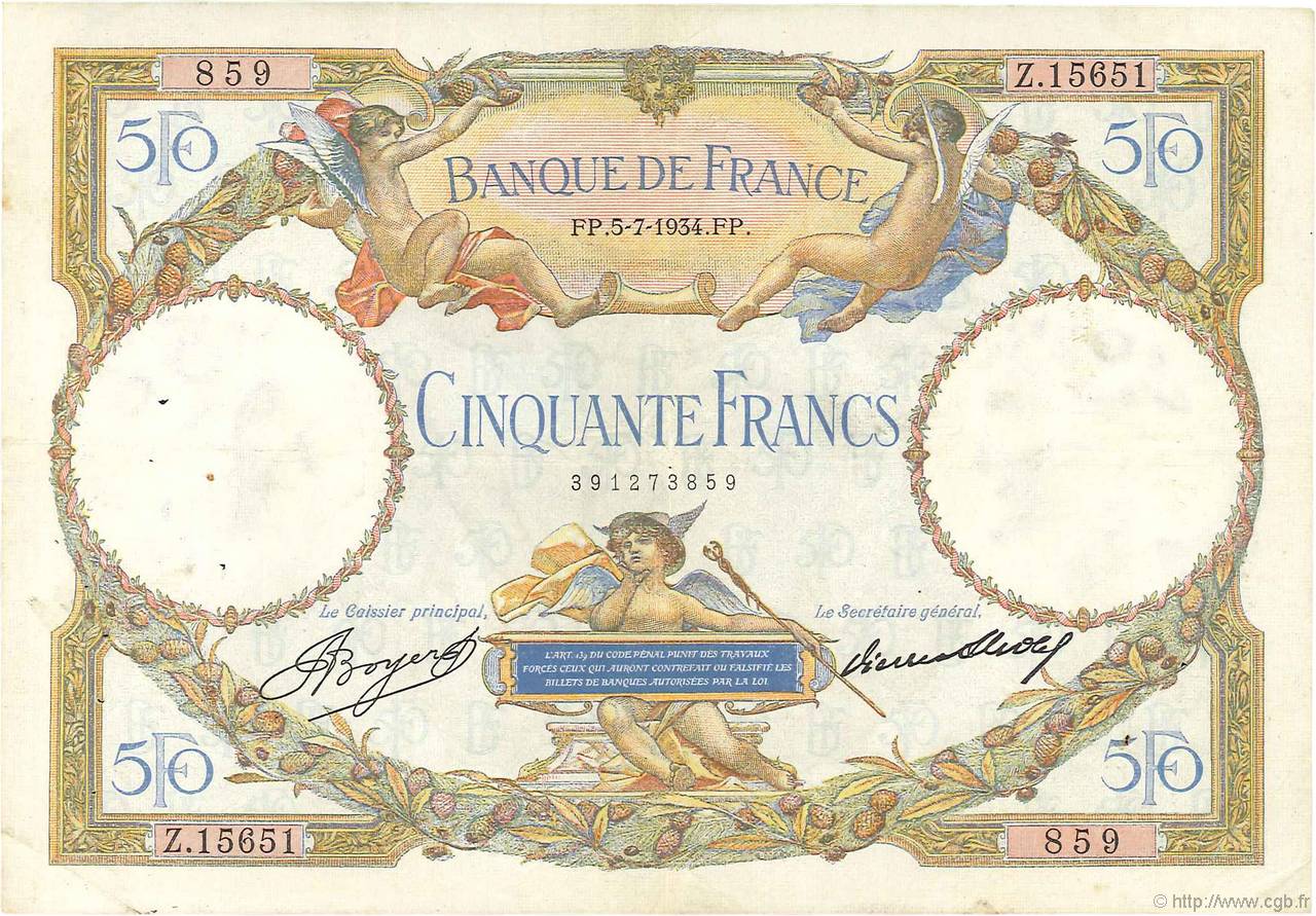 50 Francs LUC OLIVIER MERSON type modifié FRANCIA  1934 F.16.05 MB a BB