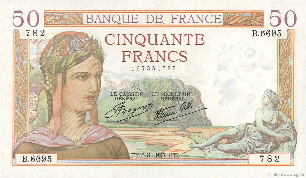 50 Francs CÉRÈS modifié FRANCE  1937 F.18.01 SUP+