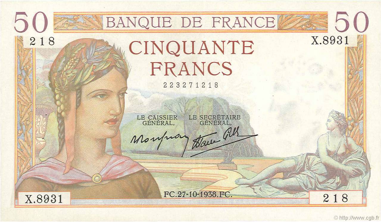 50 Francs CÉRÈS modifié FRANKREICH  1938 F.18.17 VZ