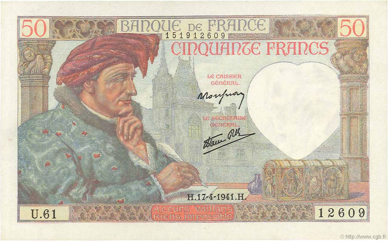 50 Francs JACQUES CŒUR FRANCE  1941 F.19.08 SPL