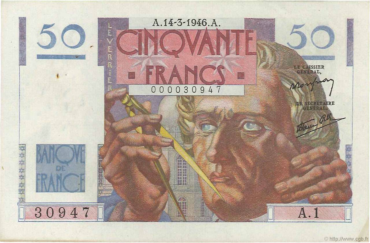 50 Francs LE VERRIER Petit numéro FRANCE  1946 F.20.01A1 pr.SUP