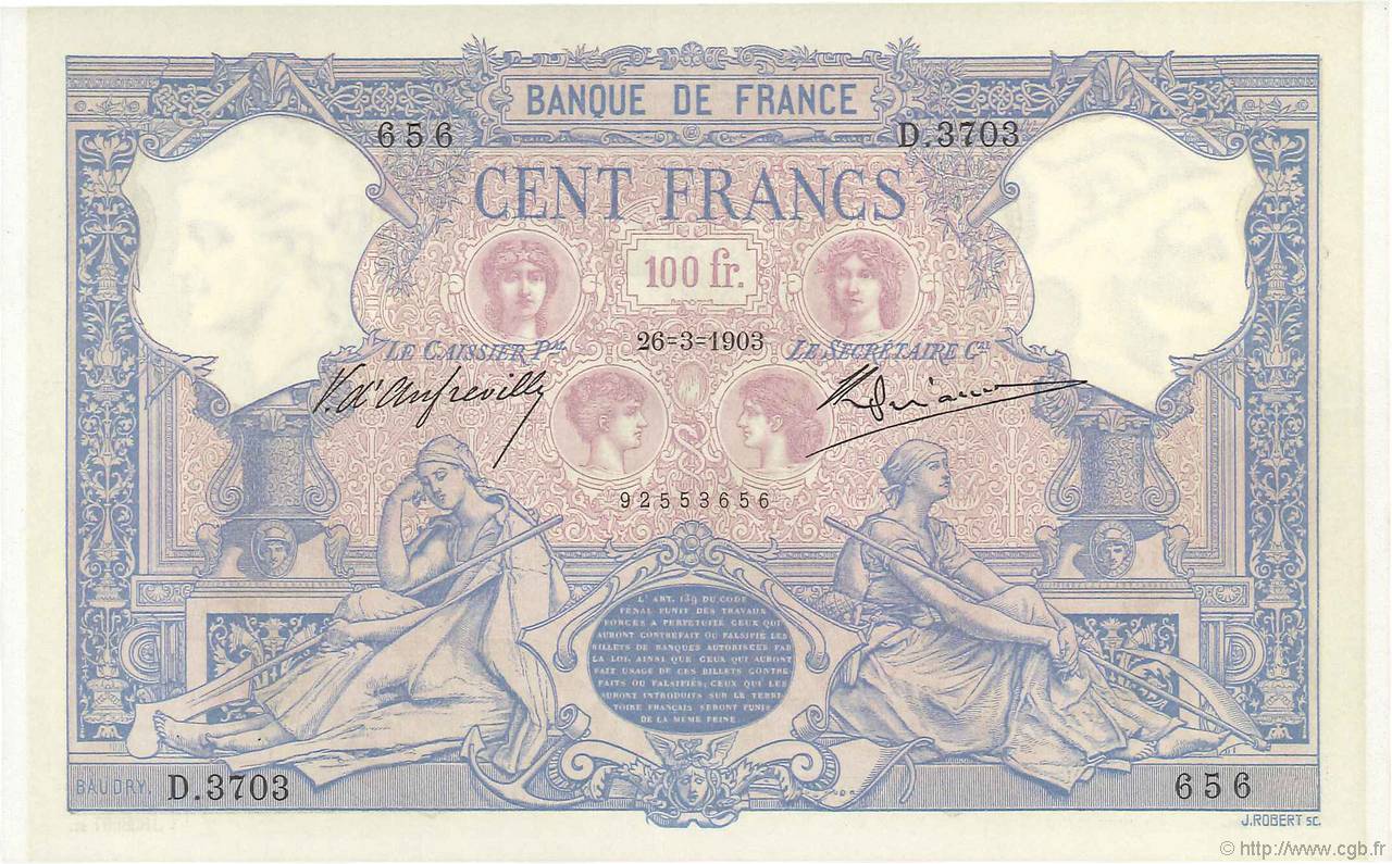 100 Francs BLEU ET ROSE FRANCE  1903 F.21.17 XF+