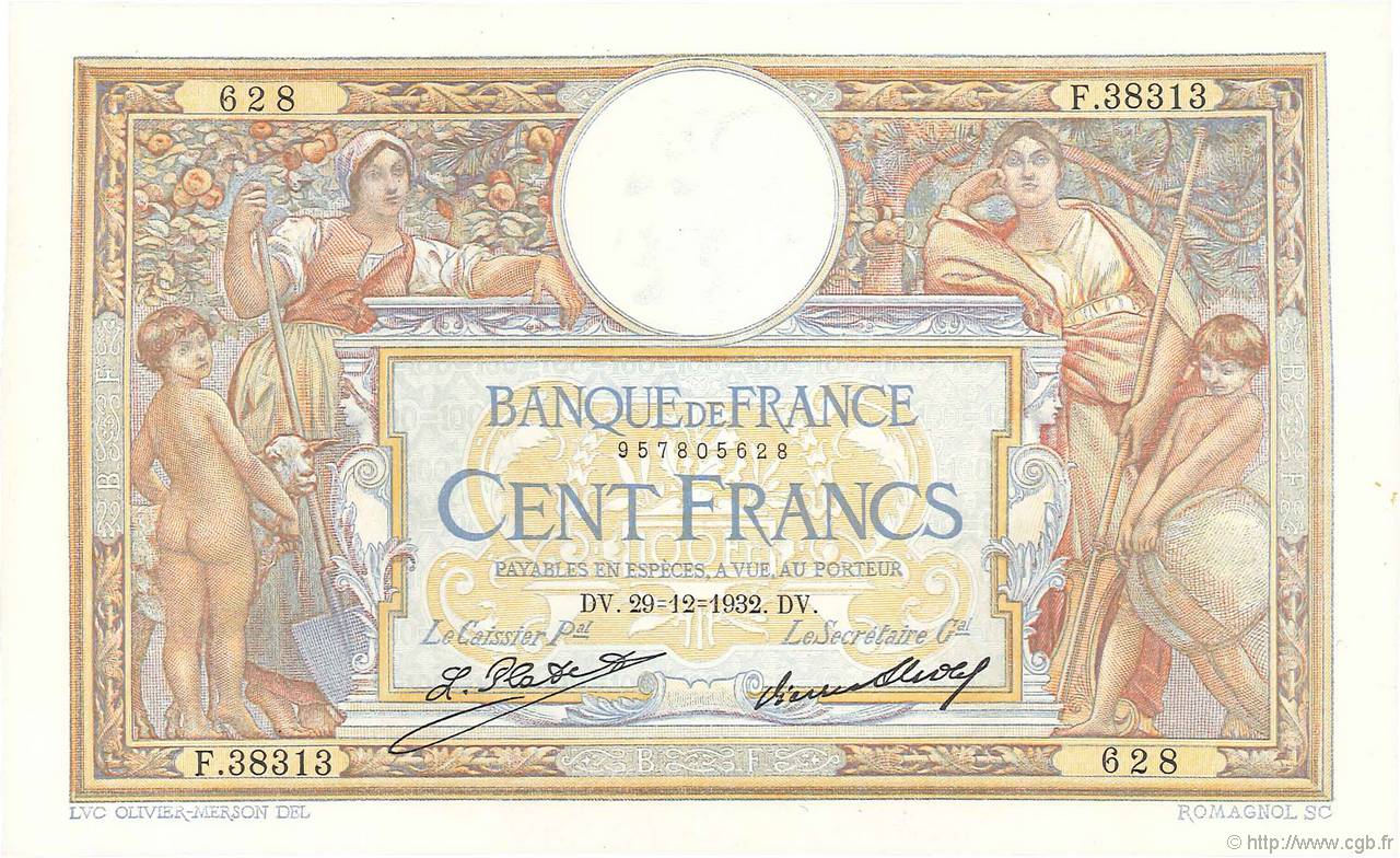 100 Francs LUC OLIVIER MERSON grands cartouches FRANCIA  1932 F.24.11 AU