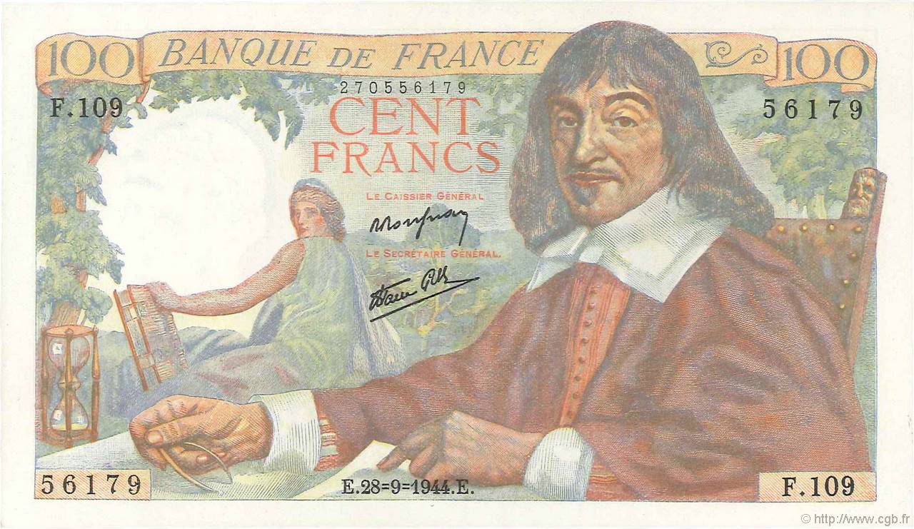 100 Francs DESCARTES FRANCIA  1944 F.27.07 FDC