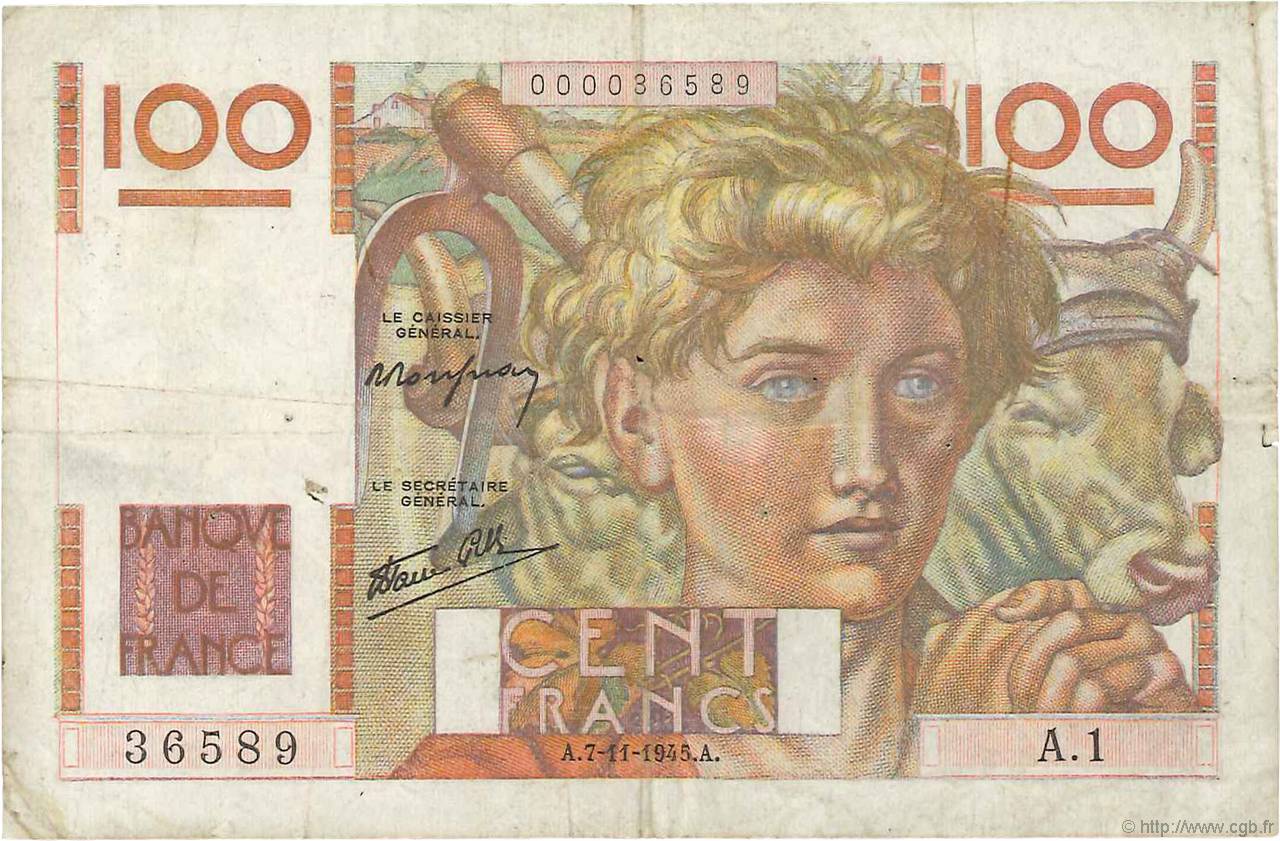 100 Francs JEUNE PAYSAN FRANKREICH  1945 F.28.01 S