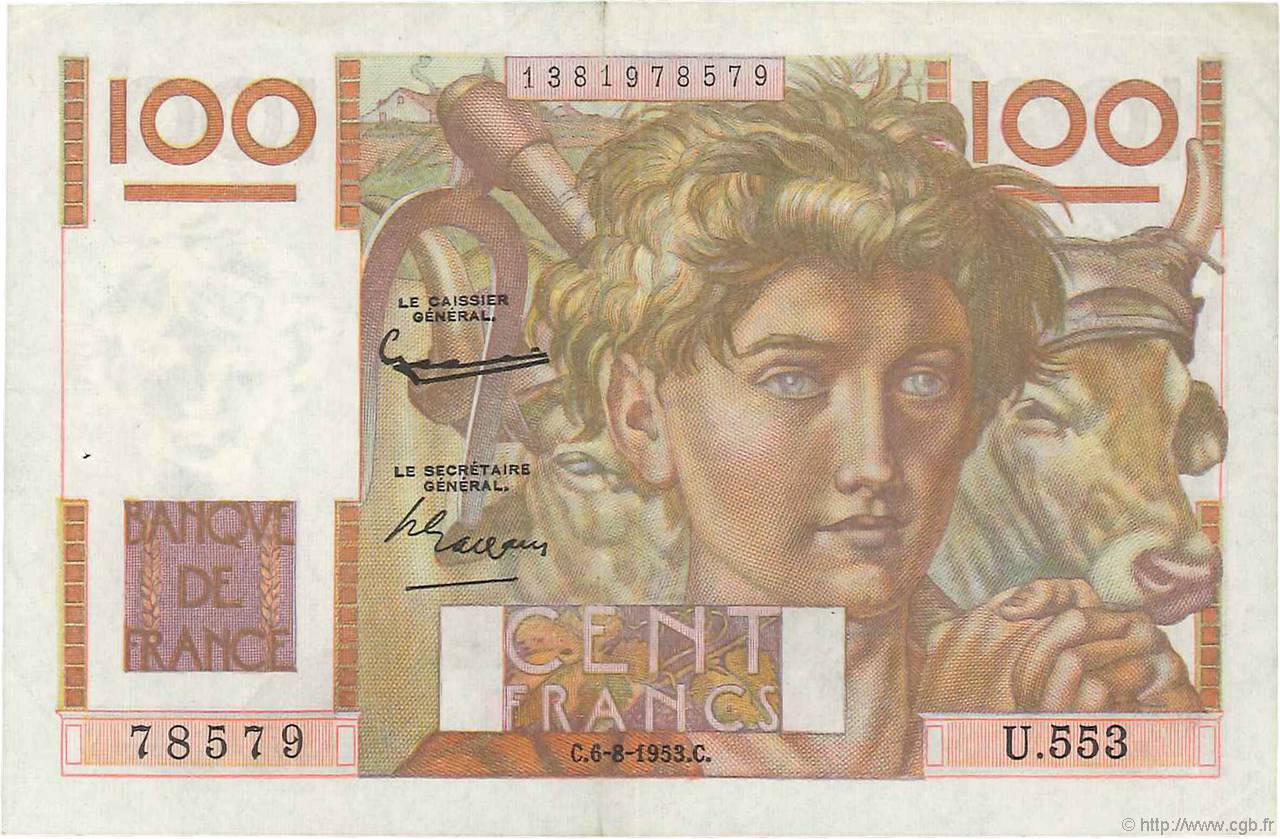 100 Francs JEUNE PAYSAN filigrane inversé FRANKREICH  1952 F.28bis.02 fVZ