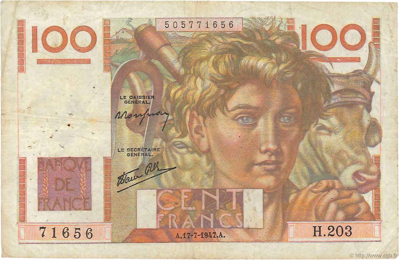 100 Francs JEUNE PAYSAN Favre-Gilly FRANKREICH  1947 F.28ter.01 S