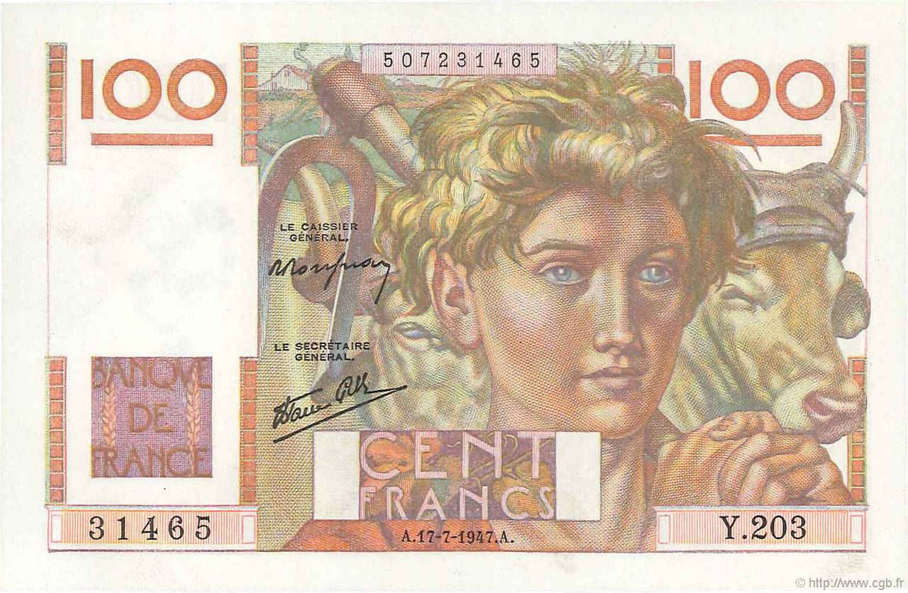 100 Francs JEUNE PAYSAN Favre-Gilly FRANCIA  1947 F.28ter.01 q.FDC