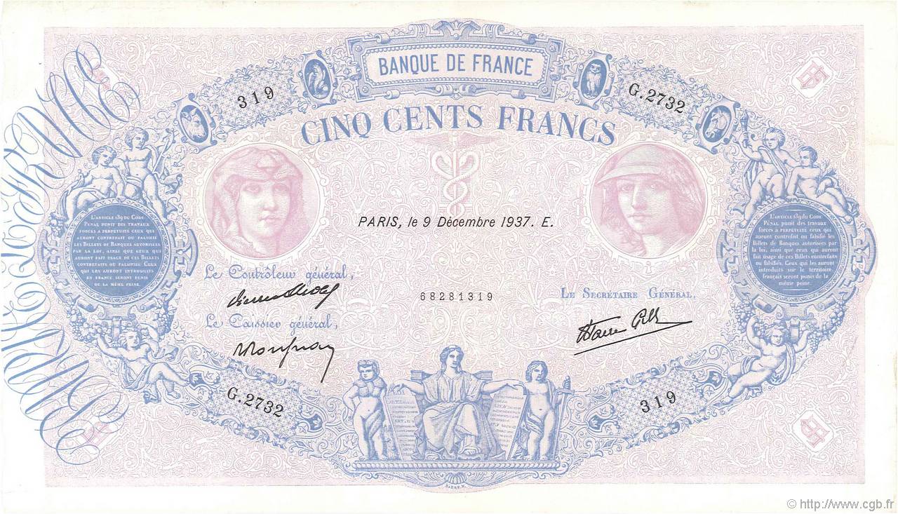 500 Francs BLEU ET ROSE modifié FRANCIA  1937 F.31.05 q.SPL