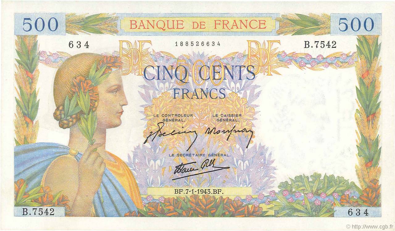500 Francs LA PAIX FRANKREICH  1943 F.32.44 fST