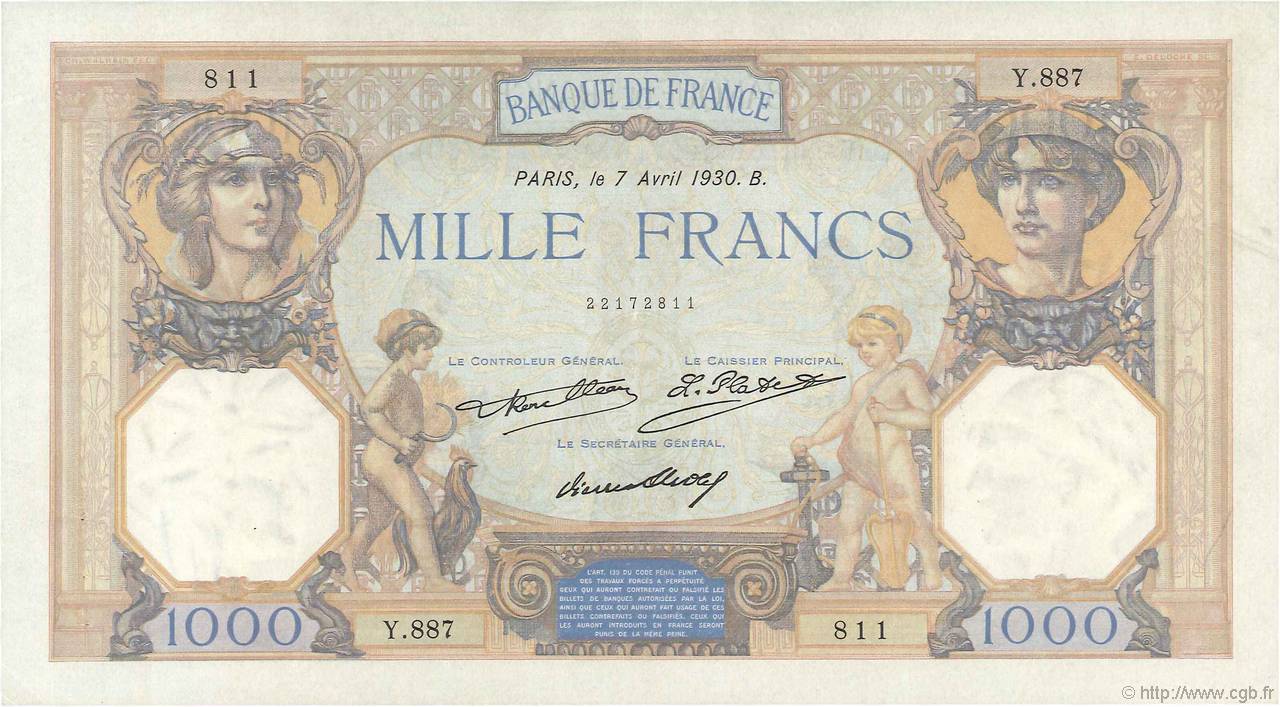 1000 Francs CÉRÈS ET MERCURE FRANCE  1930 F.37.05 SUP