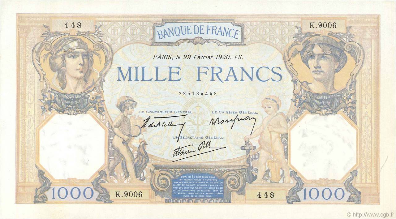 1000 Francs CÉRÈS ET MERCURE type modifié FRANKREICH  1940 F.38.43 VZ+