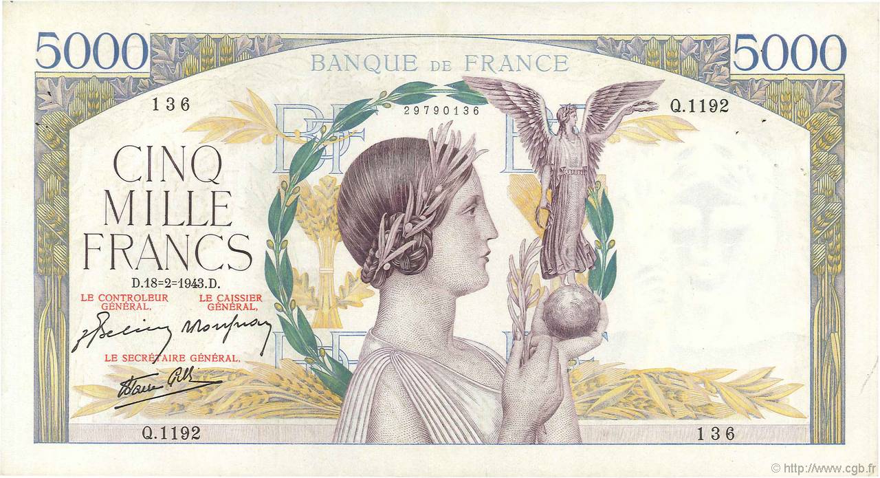 5000 Francs VICTOIRE Impression à plat FRANCIA  1943 F.46.48 BB