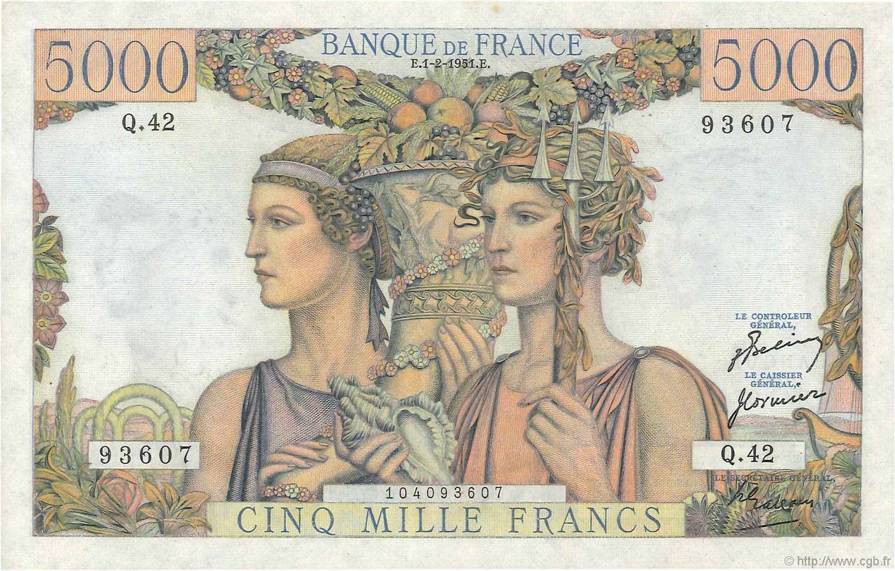 5000 Francs TERRE ET MER FRANCE  1951 F.48.03 XF+