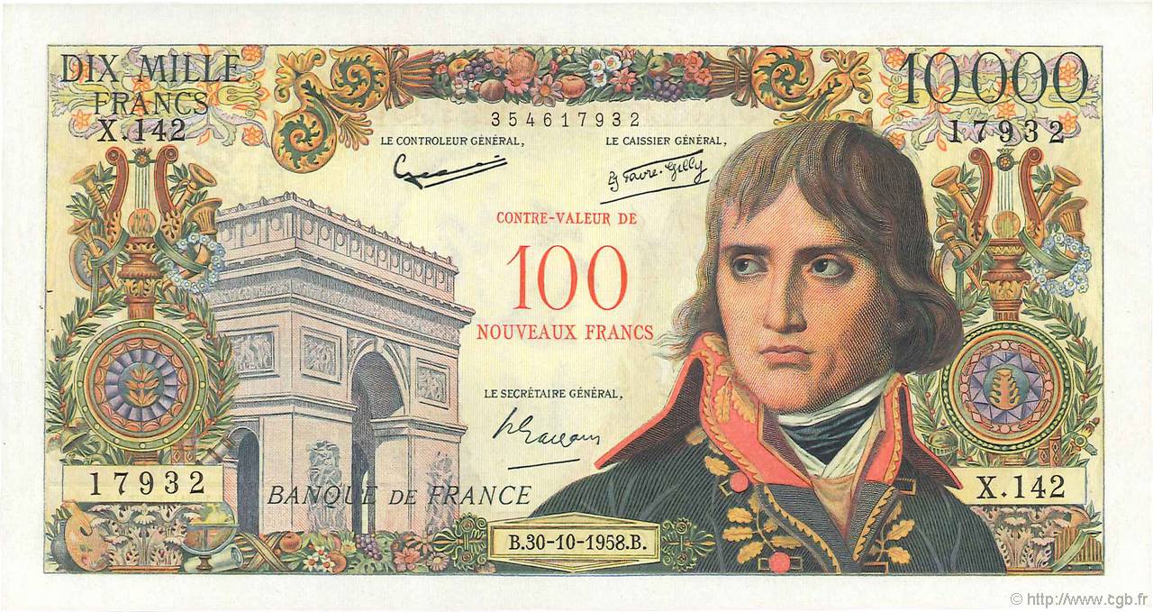 100 NF sur 10000 Francs BONAPARTE FRANCIA  1958 F.55.01 SPL+