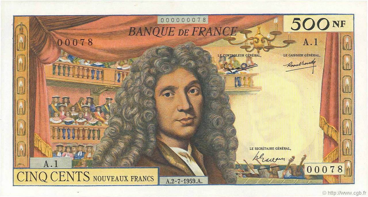 500 nouveaux francs Molière Petit numéro FRANCE  1959 F.60.01A1 SUP à SPL