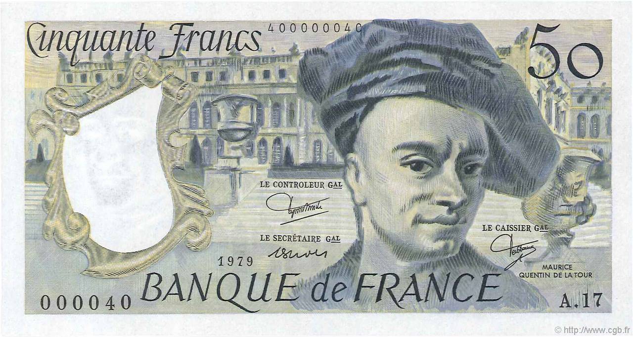 50 Francs QUENTIN DE LA TOUR Petit numéro FRANCIA  1979 F.67.05A17 FDC