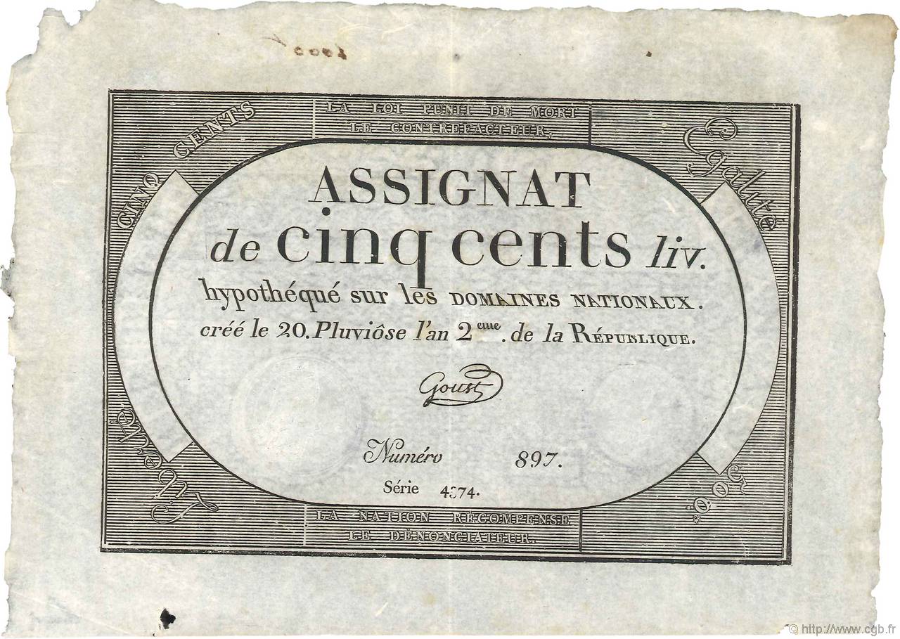 500 Livres FRANCE  1794 Ass.47a XF