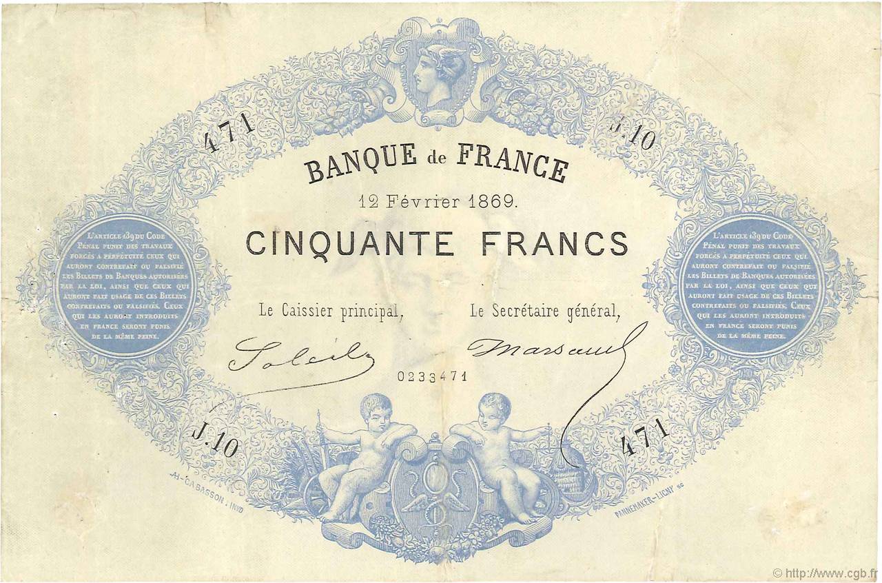 50 Francs type 1868 Indices Noirs Petit numéro FRANKREICH  1869 F.A38.02 fSS