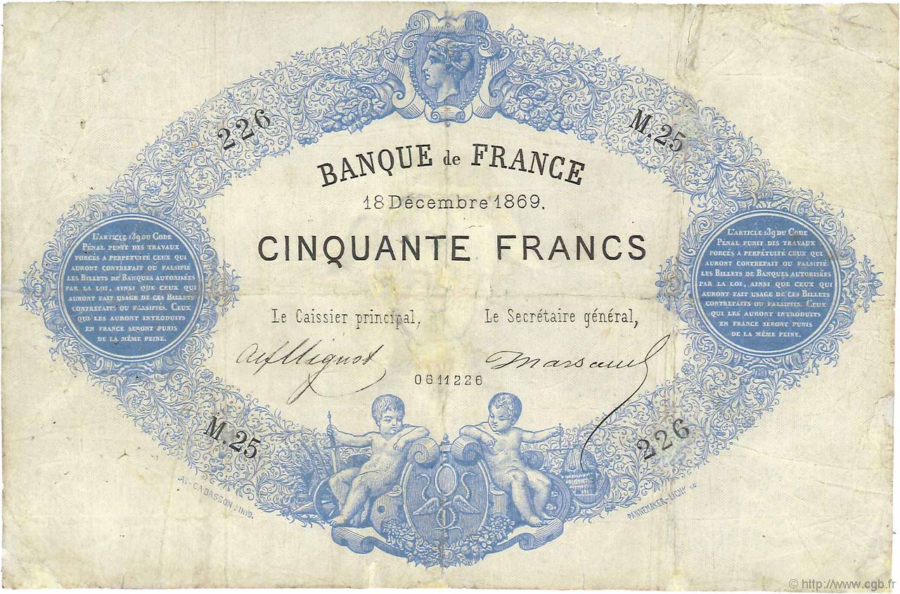 50 Francs type 1868 Indices Noirs FRANKREICH  1869 F.A38.03 SGE