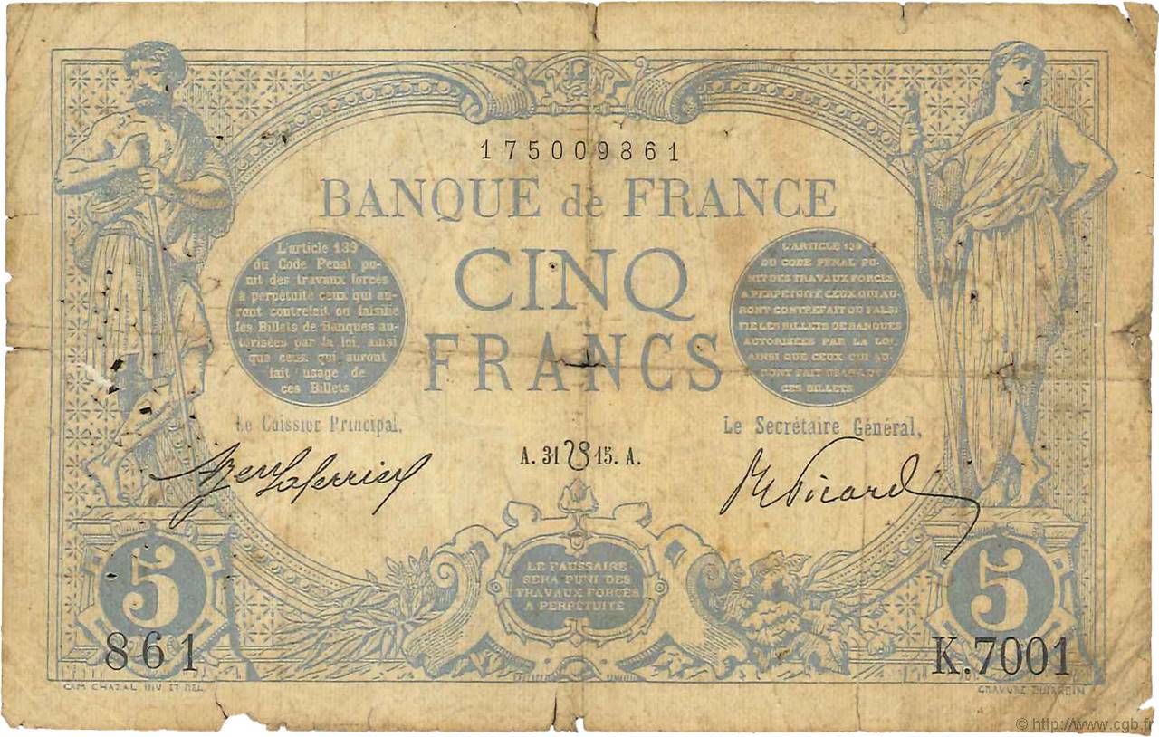 5 Francs BLEU lion inversé Petit numéro FRANKREICH  1915 F.02bis.03 SGE