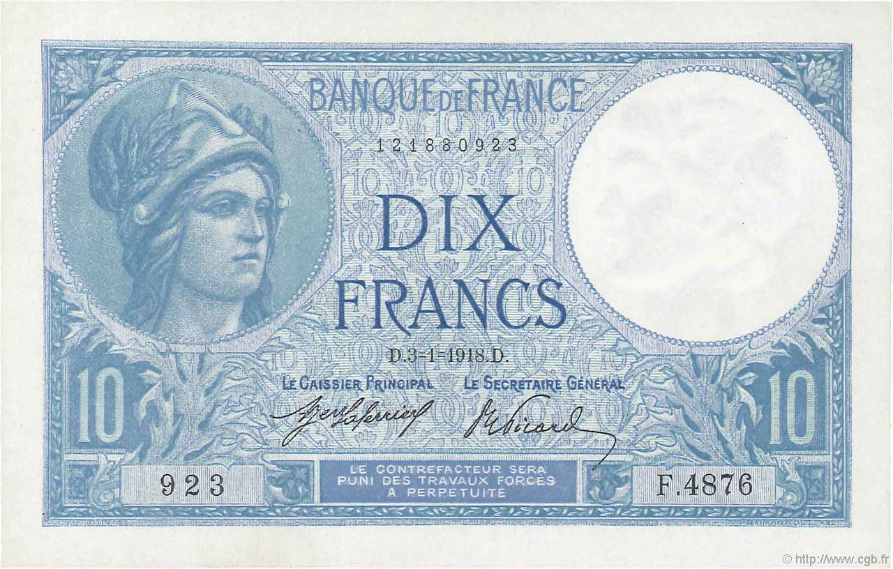 10 Francs MINERVE FRANKREICH  1918 F.06.03 ST