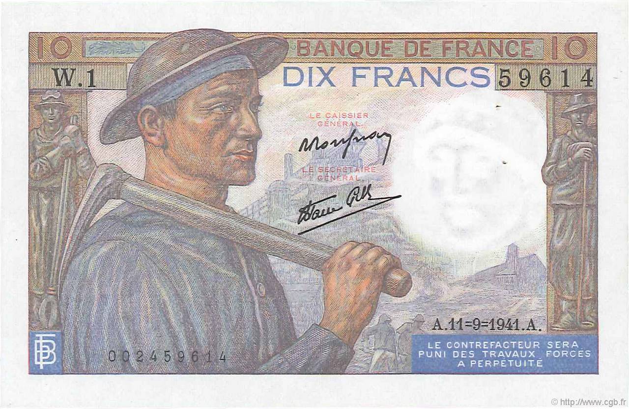 10 Francs MINEUR FRANCE  1941 F.08.01 SPL
