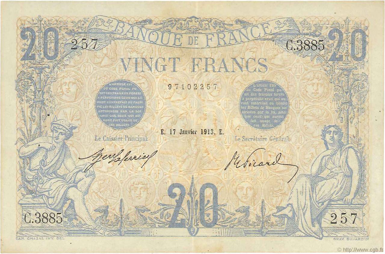20 Francs BLEU FRANCIA  1913 F.10.03 q.SPL