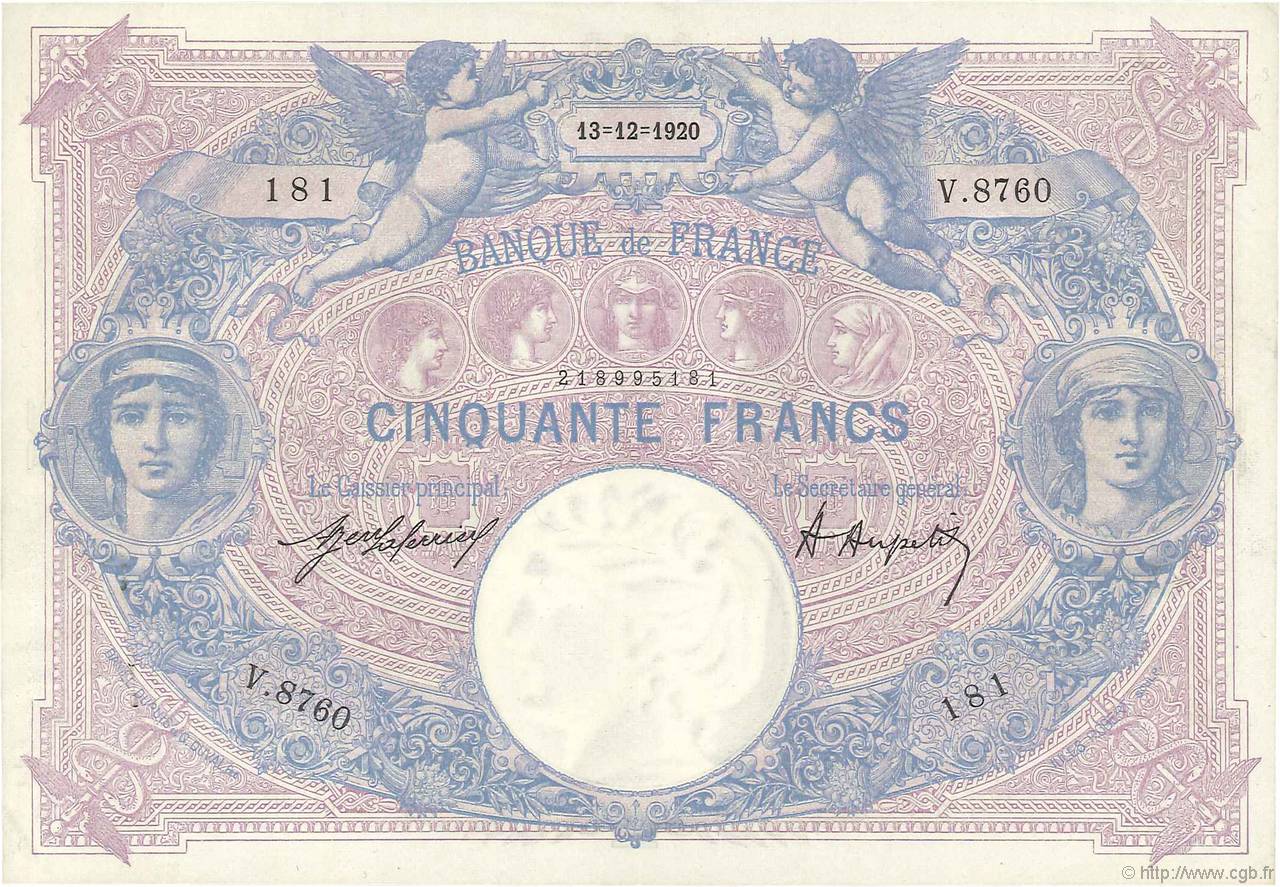 50 Francs BLEU ET ROSE FRANCE  1920 F.14.33 SUP+