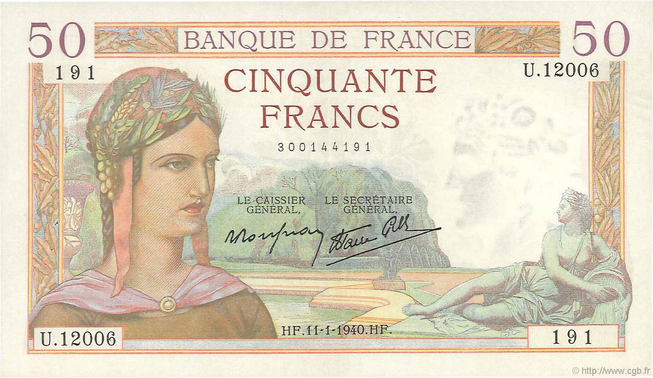 50 Francs CÉRÈS modifié FRANCE  1940 F.18.37 SUP+