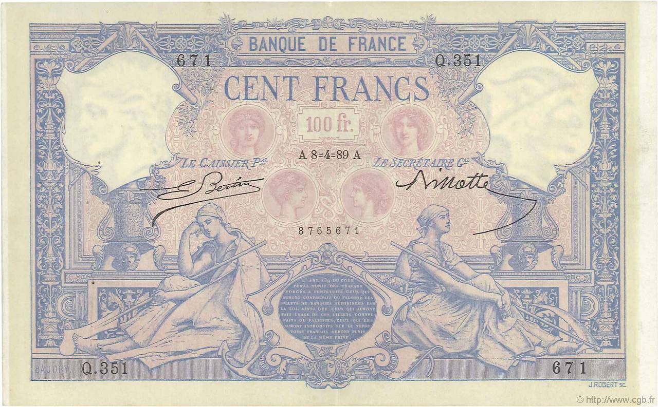 100 Francs BLEU ET ROSE FRANKREICH  1889 F.21.02 fVZ