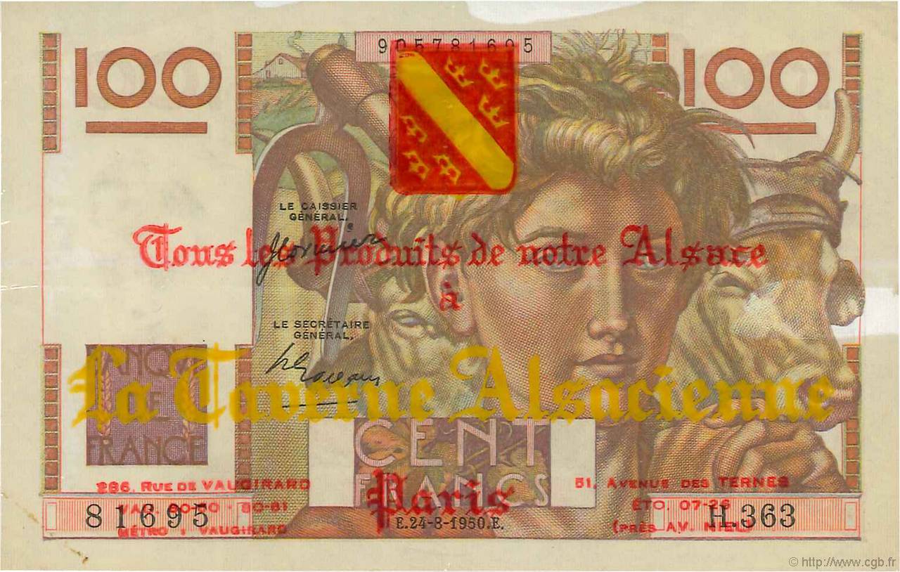 100 Francs JEUNE PAYSAN Publicitaire FRANCIA  1950 F.28.26 BB
